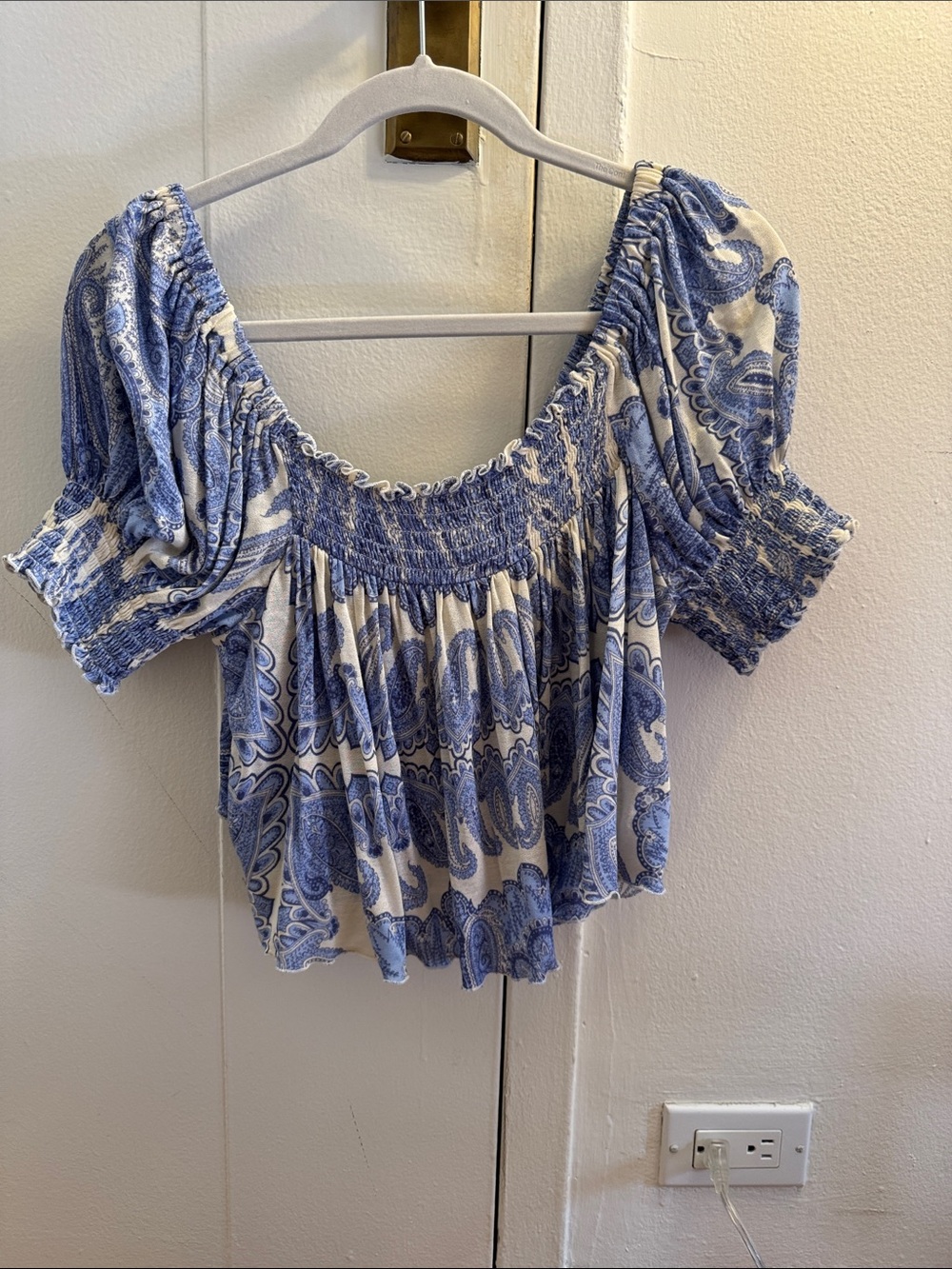 Urban Outfitters Blue Paisley Smocked Off-Shoulder Crop Top